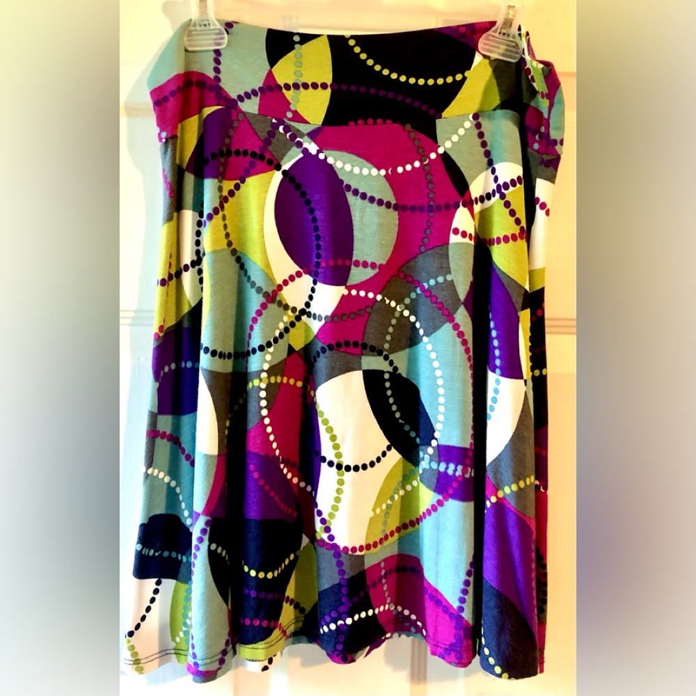Salaam Purple Blue Green Multicolor Modern Abstract Circle Print Knit Skirt XL